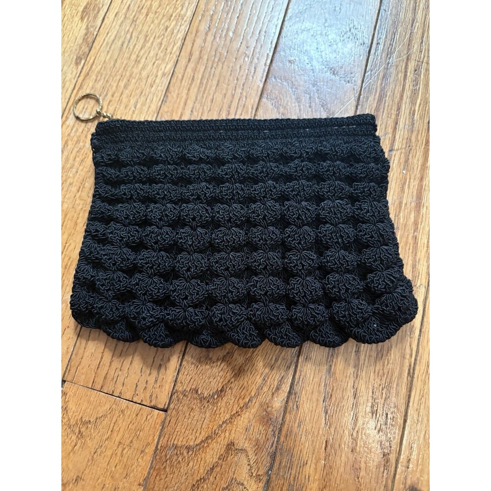 Vintage 1940s Black Crochet Corde Purse Popcorn Stitch Gimp Evening Bag Clutch